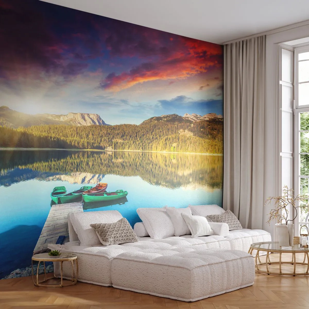 Fototapete Premium Sand - Glatt wie ein Spiegel über dem Wasser - Landschaft, Berge, Wald - 400x280 cm