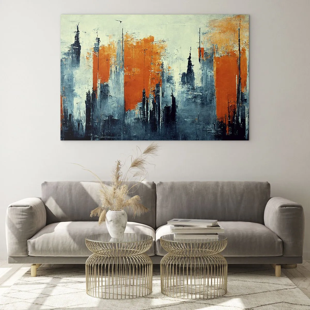 Glasbild - Bild auf glas - Ein modernes Stadtpanorama in Grau- und Orangetönen - 120x80cm - Moderne Landschaft - Moderne Wanddekoration für Wohnzimmer und Schlafzimmer ARTTOR