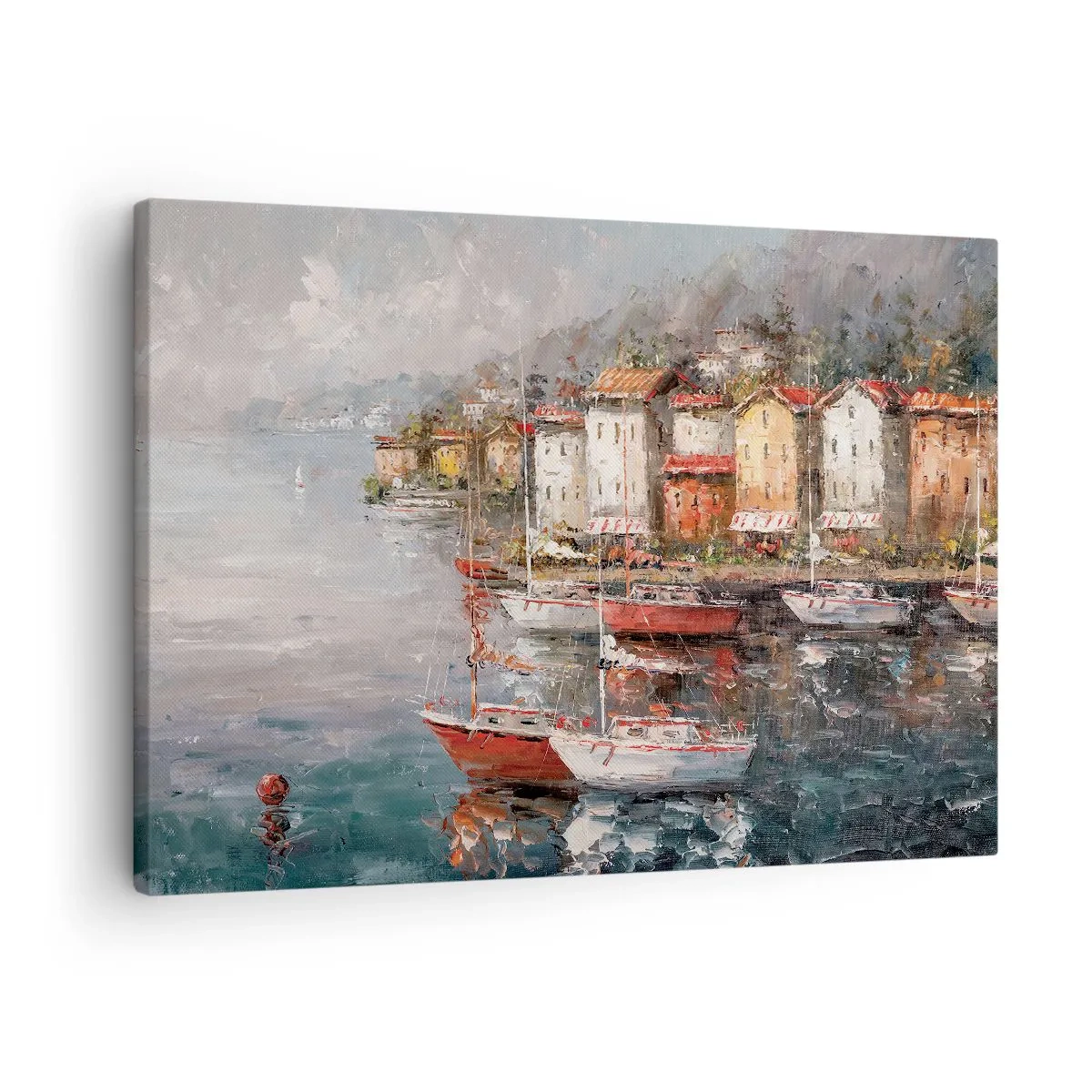Bild auf Leinwand - Leinwandbild - Küstenlandschaft mit Booten und bunten Häusern - 70x50cm - Romantische Oase - Moderne Wanddekoration für Wohnzimmer und Schlafzimmer ARTTOR