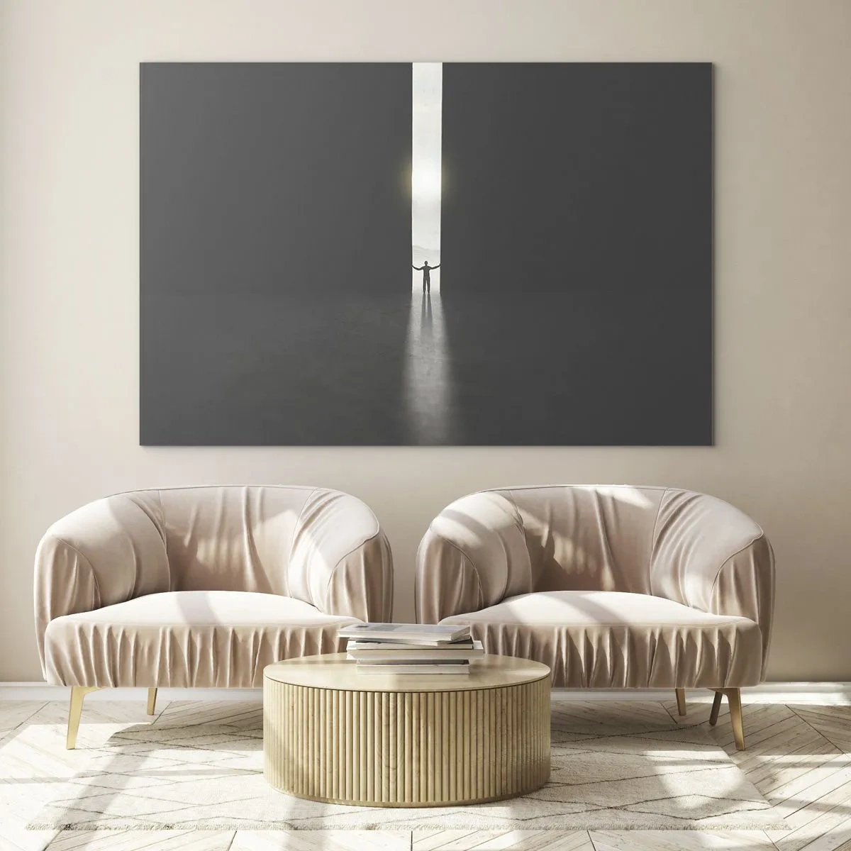 Glasbild - Bild auf glas - Silhouette eines Mannes, der eine Tür zu einem hellen Licht öffnet - 70x50cm - Ein Schritt in eine strahlende Zukunft - Moderne Wanddekoration für Wohnzimmer und Schlafzimmer ARTTOR