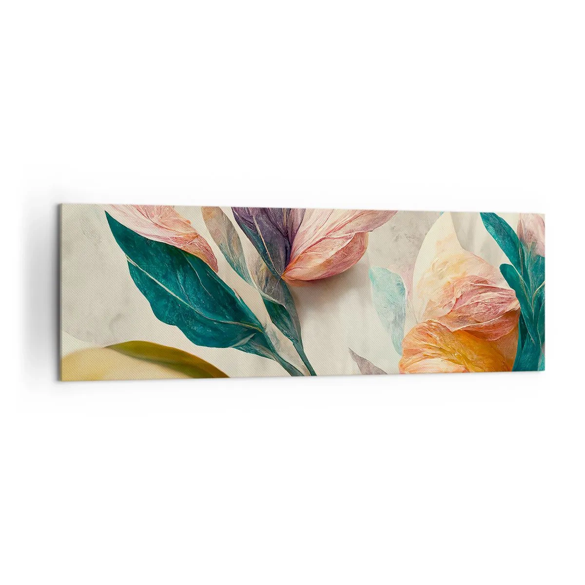 Bild auf Leinwand - Leinwandbild - Bunte Blumen im tropischen Stil auf hellem Hintergrund - 160x50cm - Blumen der südlichen Inseln - Moderne Wanddekoration für Wohnzimmer und Schlafzimmer ARTTOR