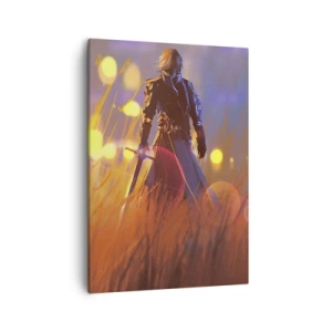 Bild auf Leinwand - Leinwandbild - Die Figur eines Ritters im Licht der untergehenden Sonne auf einem Feld - 50x70cm - Fahrender Ritter - Moderne Wanddekoration für Wohnzimmer und Schlafzimmer ARTTOR
