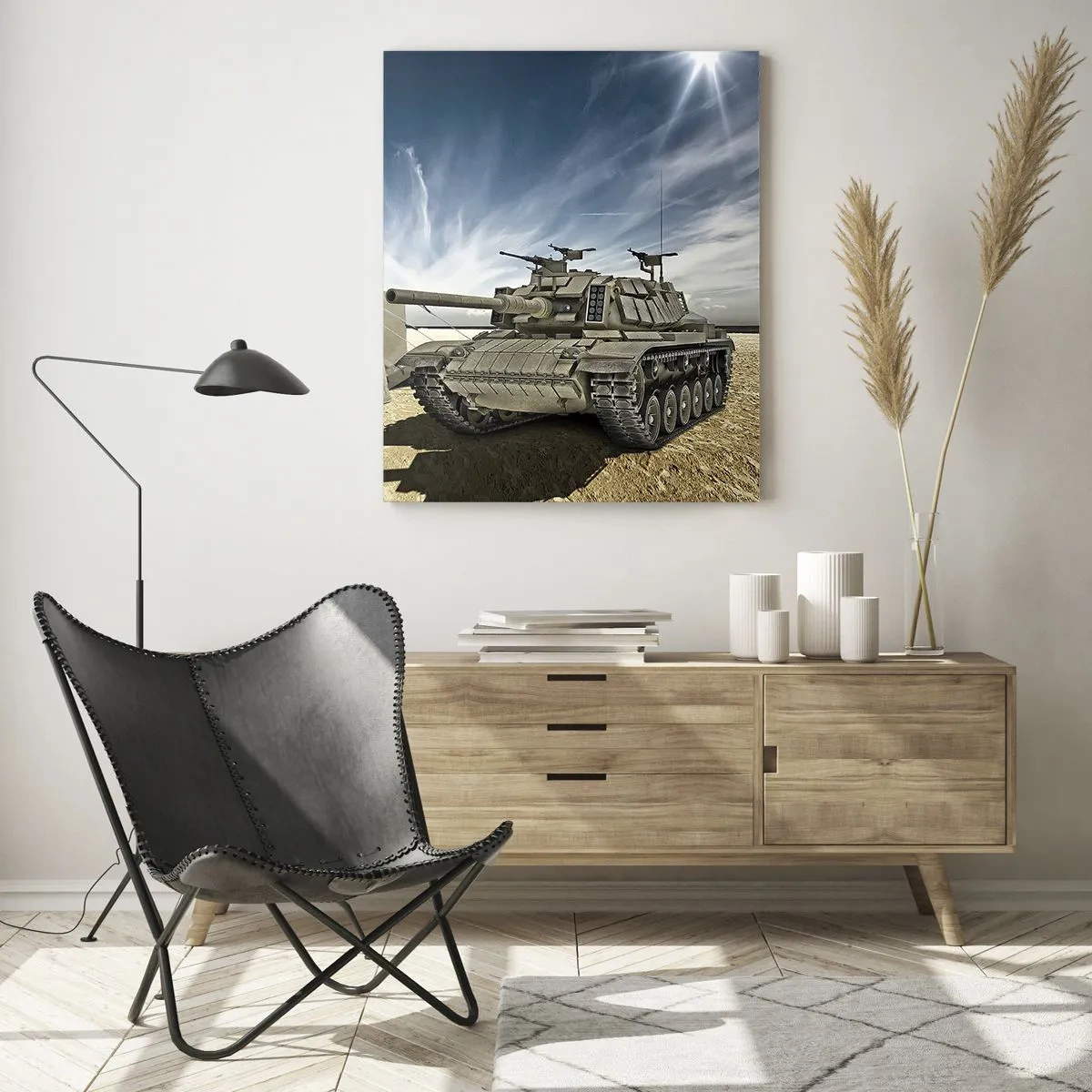 Glasbild - Bild auf glas - Ein Panzer neben einem Militärzelt in einer Wüstengegend - 70x100cm - Ein militärischer Traum - Moderne Wanddekoration für Wohnzimmer und Schlafzimmer ARTTOR