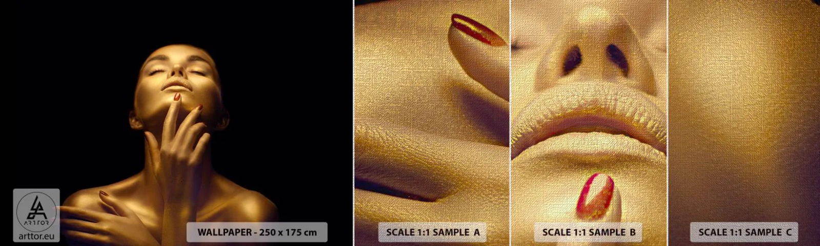 Fototapeten Muster Premium Canvas - Wie goldene Seide - Frau, Das Gesicht einer Frau, Körper - 100x30 cm