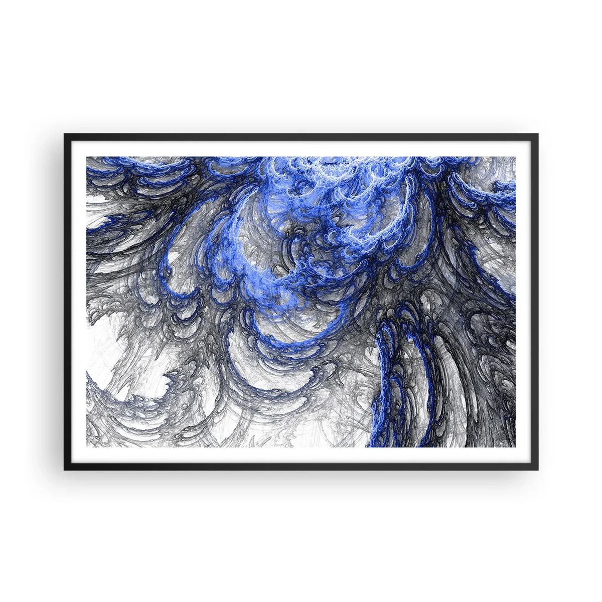 Poster in einem schwarzem Rahmen - Abstrakte Wellen in Blau- und Grautönen - 100x70cm - Die Geburt einer Welle - Moderne Wanddekoration für Wohnzimmer und Schlafzimmer ARTTOR
