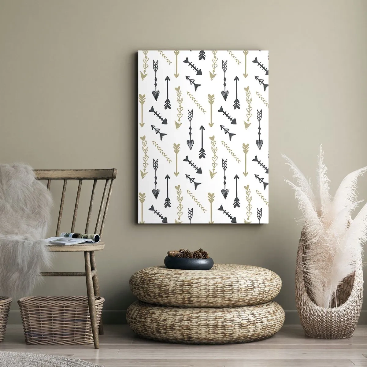 Bild auf Leinwand - Leinwandbild - Ein minimalistisches Muster mit Pfeilen in Beige- und Grautönen. - 80x120cm - Der Traum des Bogenschützen - Moderne Wanddekoration für Wohnzimmer und Schlafzimmer ARTTOR