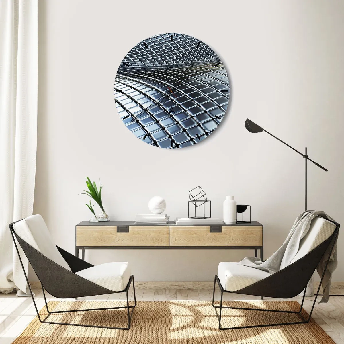 Wanduhr - Glasuhr - Futuristische Oberfläche aus Metallpaneelen in Silberton - 30x30cm - Metallische silberne Welle - Moderne Wanddekoration für Wohnzimmer, Küche und Schlafzimmer ARTTOR