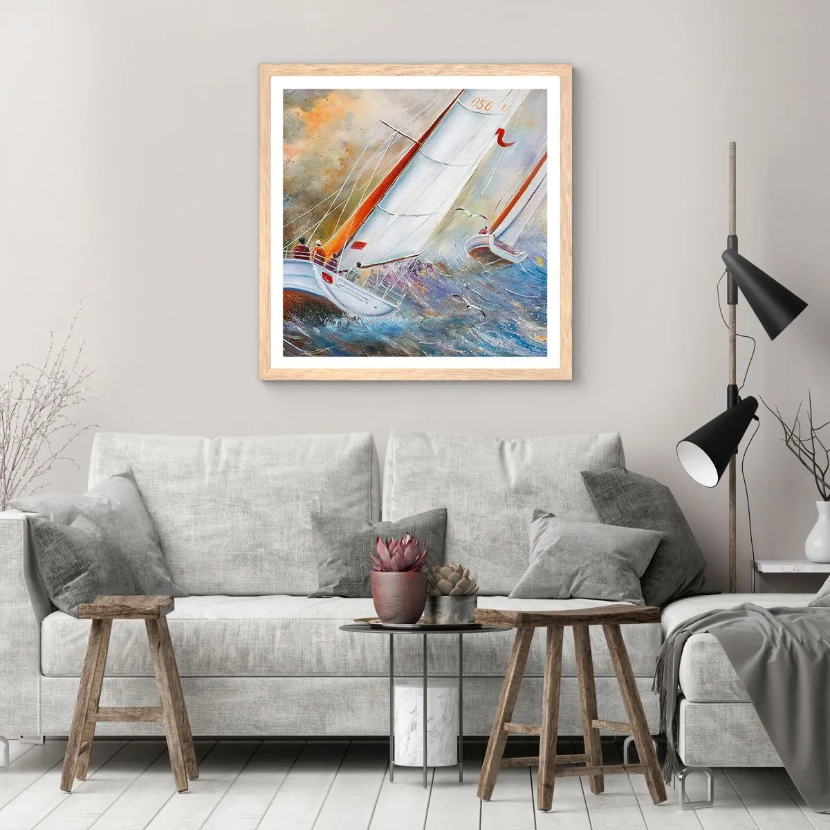 Poster in einem Rahmen aus heller Eiche - Durch die Wellen laufend - 60x60 cm