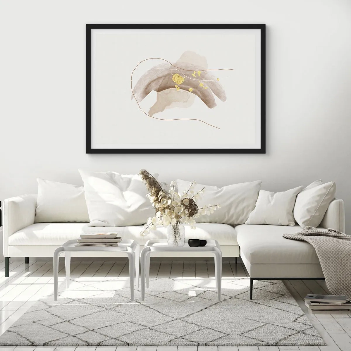 Poster in einem schwarzem Rahmen - Eine abstrakte Komposition in Beige- und Goldtönen. - 100x70cm - Im Weltraum begegnet - Moderne Wanddekoration für Wohnzimmer und Schlafzimmer ARTTOR