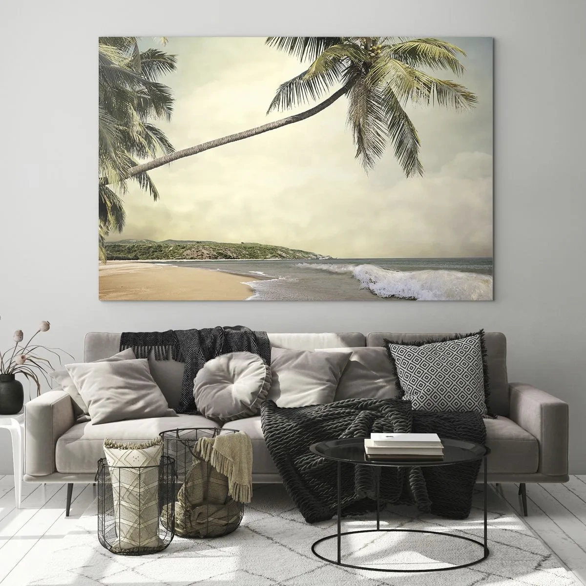 Glasbild - Bild auf glas - Tropischer Strand mit Palmen und Wellen - 120x80cm - Tropischer Traum - Moderne Wanddekoration für Wohnzimmer und Schlafzimmer ARTTOR