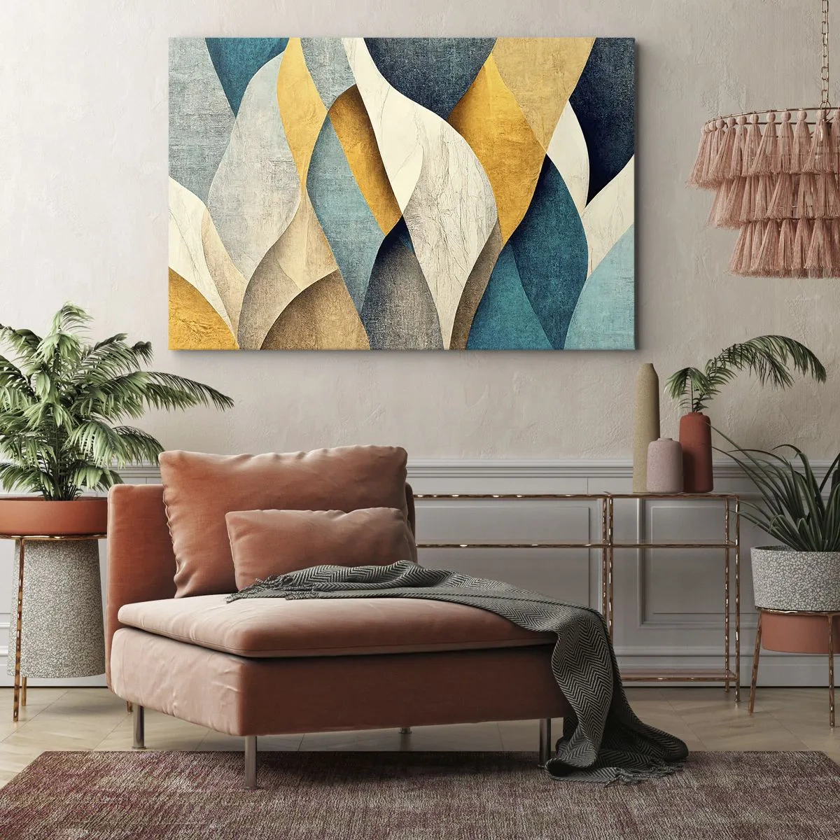 Bild auf Leinwand - Leinwandbild - Abstrakte Wellen in Blau- und Goldtönen - 70x50cm - Rhythmus und Welle - Moderne Wanddekoration für Wohnzimmer und Schlafzimmer ARTTOR