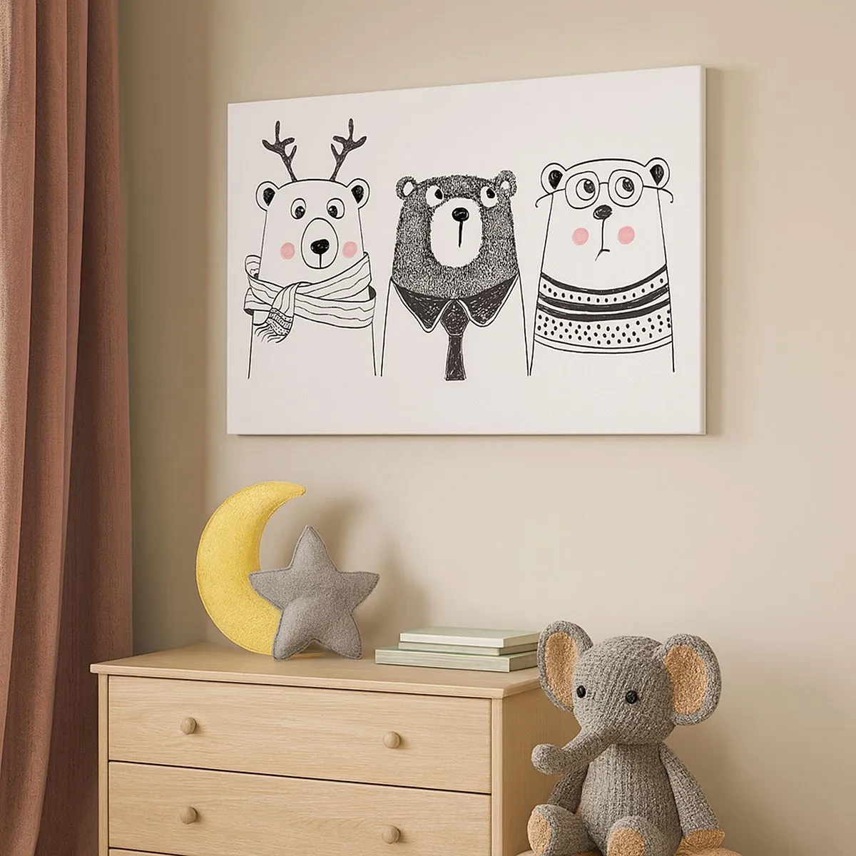 Bild auf Leinwand - Leinwandbild - Drei lustige Bären im minimalistischen Stil - 70x50cm - Teddybär, Teddybär und Bär - Moderne Wanddekoration für Wohnzimmer und Schlafzimmer ARTTOR