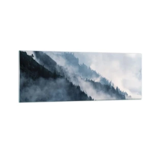Glasbild - Bild auf glas - Nebel schwebt über den bewaldeten Berghängen in einer geheimnisvollen Landschaft - 140x50cm - Mystik der Berge - Moderne Wanddekoration für Wohnzimmer und Schlafzimmer ARTTOR
