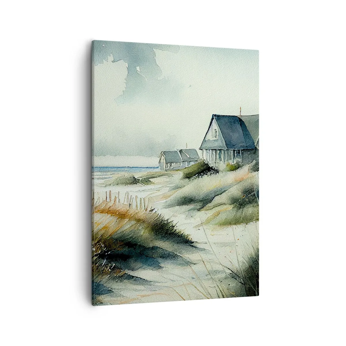 Bild auf Leinwand - Leinwandbild - Ein Haus am Meer, umgeben von Gras und mit Blick auf das Meer - 50x70cm - Abseits vom Trubel - Moderne Wanddekoration für Wohnzimmer und Schlafzimmer ARTTOR