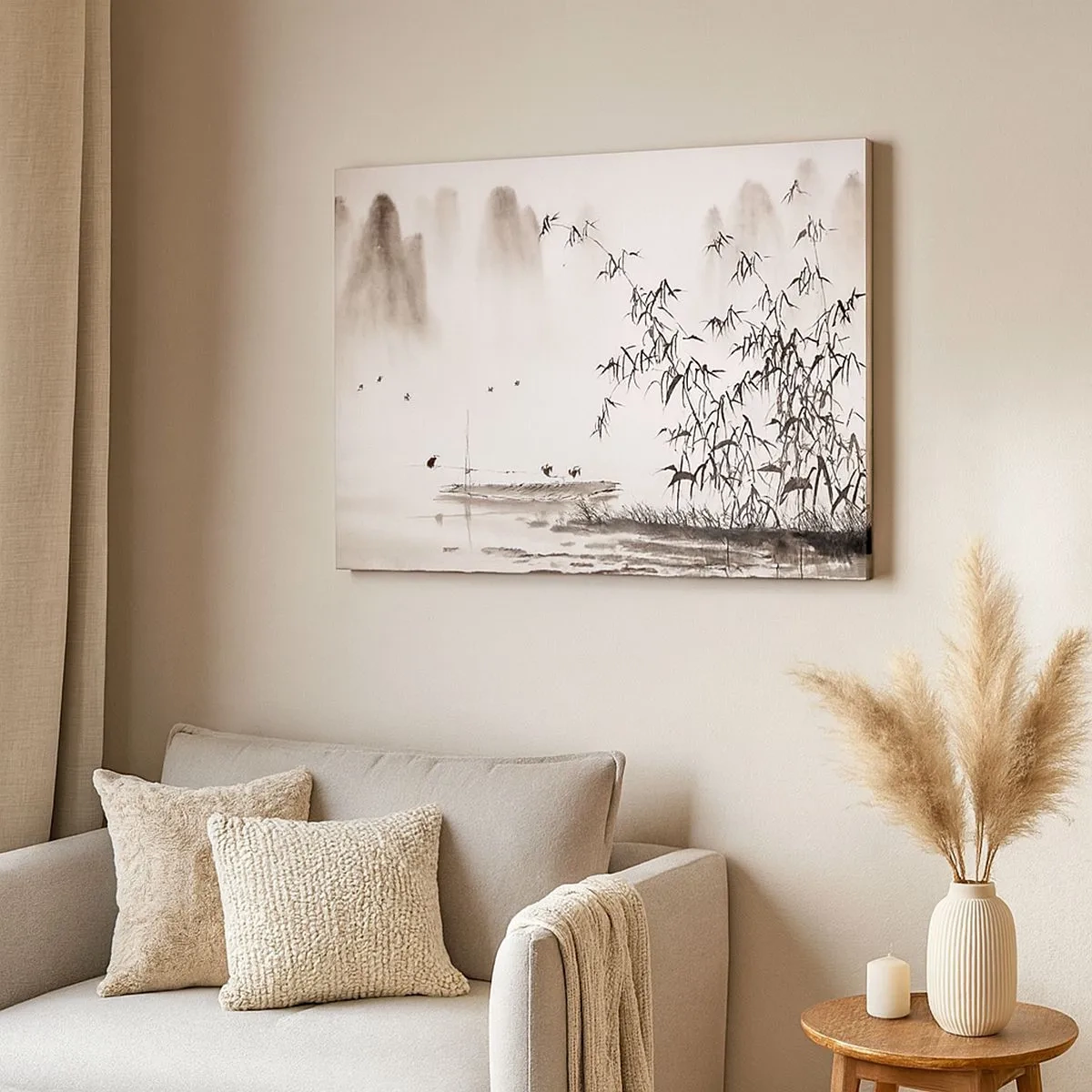 Bild auf Leinwand - Leinwandbild - Eine minimalistische Landschaft im orientalischen Stil - 70x50cm - Die Stille der Reisfelder - Moderne Wanddekoration für Wohnzimmer und Schlafzimmer ARTTOR