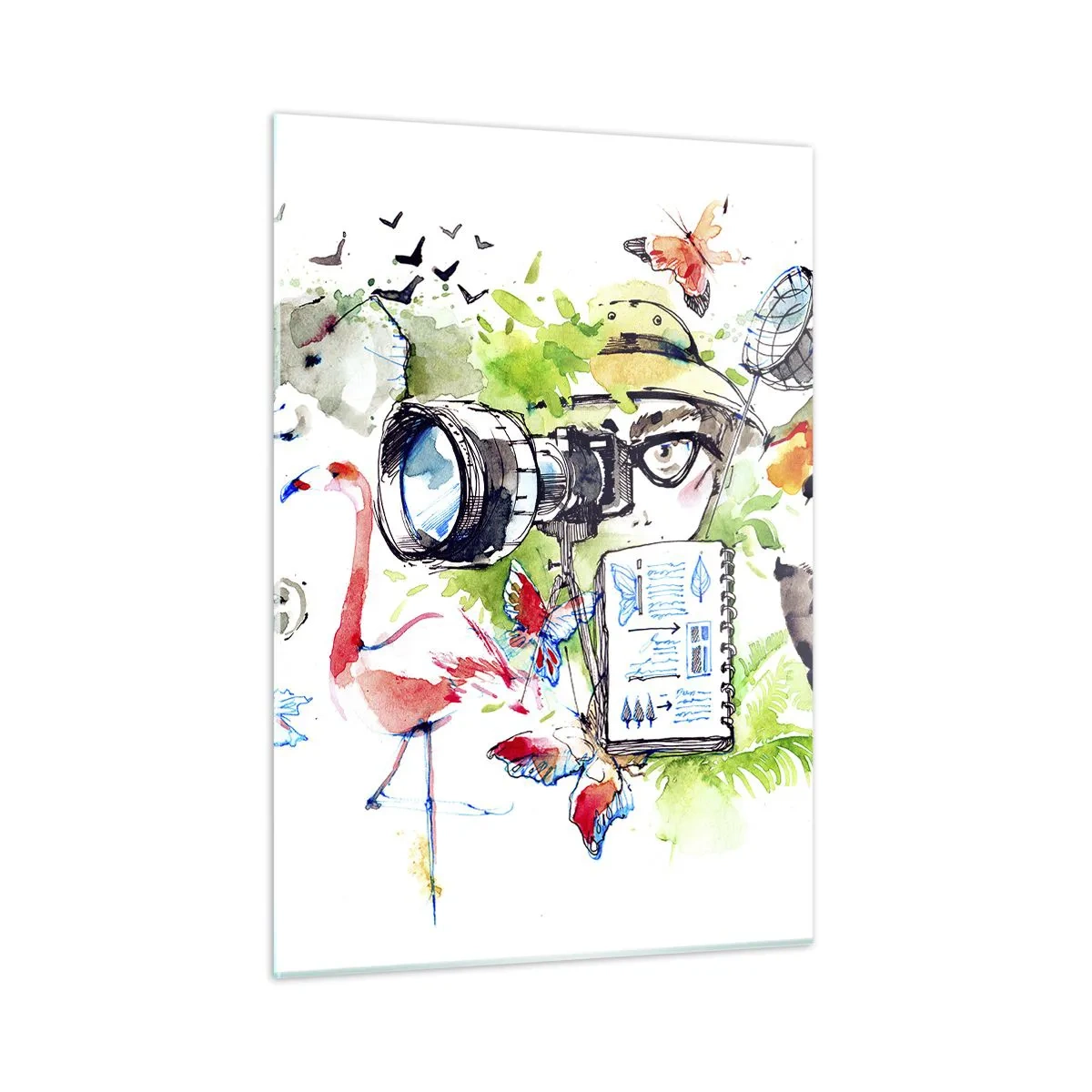 Glasbild - Bild auf glas - Illustration eines Fotografen mit einer Kamera und Tieren - 50x70cm - In der Linse eines Reisenden - Moderne Wanddekoration für Wohnzimmer und Schlafzimmer ARTTOR