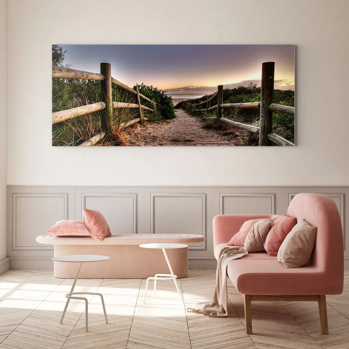 Glasbild - Bild auf glas - Holzweg in den Dünen, der bei Sonnenuntergang zum Strand führt - 160x50cm - Das Ziel ist bereits sichtbar - Moderne Wanddekoration für Wohnzimmer und Schlafzimmer ARTTOR