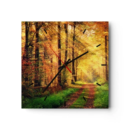Wanduhr - Glasuhr - Ein Waldweg, umgeben von goldenen und grünen Bäumen - 30x30cm - Waldgoldene Stille - Moderne Wanddekoration für Wohnzimmer und Schlafzimmer ARTTOR