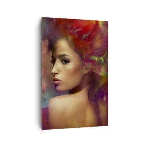 Bild auf Leinwand - Leinwandbild - Eine Frau mit bunten Reflexionen, die einen abstrakten Hintergrund erzeugen - 80x120cm - Schöner als ein Regenbogen, so zart wie ein Nebel - Moderne Wanddekoration für Wohnzimmer und Schlafzimmer ARTTOR
