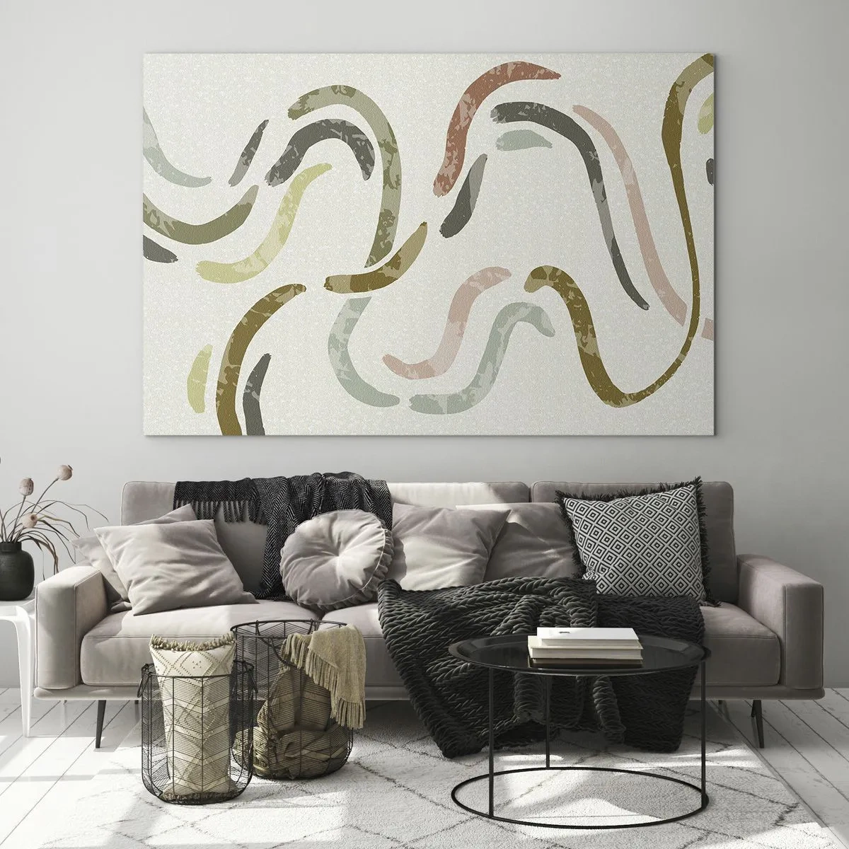 Glasbild - Bild auf glas - Wellenförmige bunte Formen auf hellem Hintergrund - 70x50cm - Fröhlicher Tanz der Abstraktion - Moderne Wanddekoration für Wohnzimmer und Schlafzimmer ARTTOR