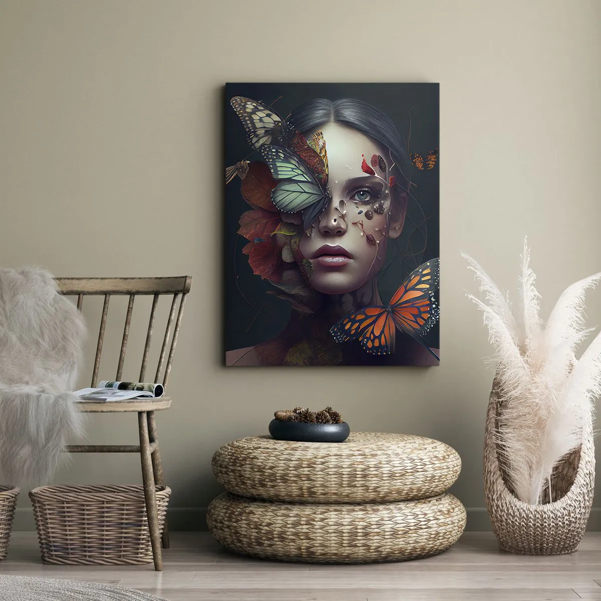 Bild auf Leinwand - Leinwandbild - Porträt einer Frau mit Schmetterlingen und Pflanzenelementen - 70x100cm - Wunderbare Metamorphose - Moderne Wanddekoration für Wohnzimmer und Schlafzimmer ARTTOR