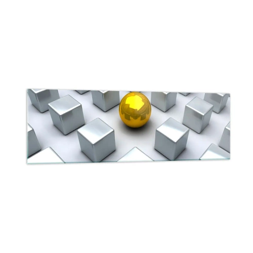 Glasbild - Bild auf glas - Eine goldene Kugel, die zwischen den silbernen Würfeln hervorsticht - 160x50cm - Warum ich? Geometrische Zusammensetzung - Moderne Wanddekoration für Wohnzimmer und Schlafzimmer ARTTOR