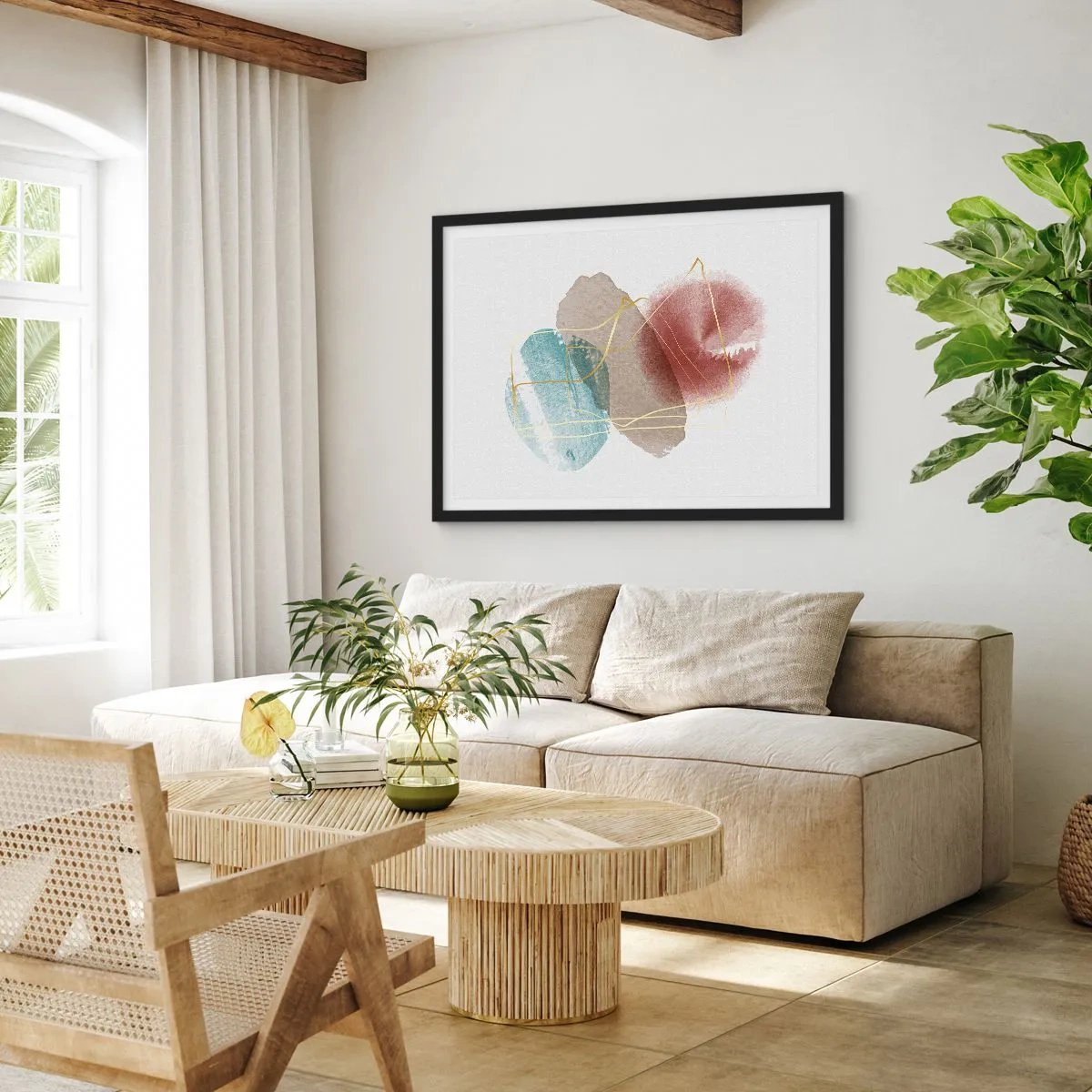 Poster in einem schwarzem Rahmen - Abstrakte Formen mit zarten Farben und goldenen Linien - 70x50cm - Korallen des Weltraums - Moderne Wanddekoration für Wohnzimmer und Schlafzimmer ARTTOR