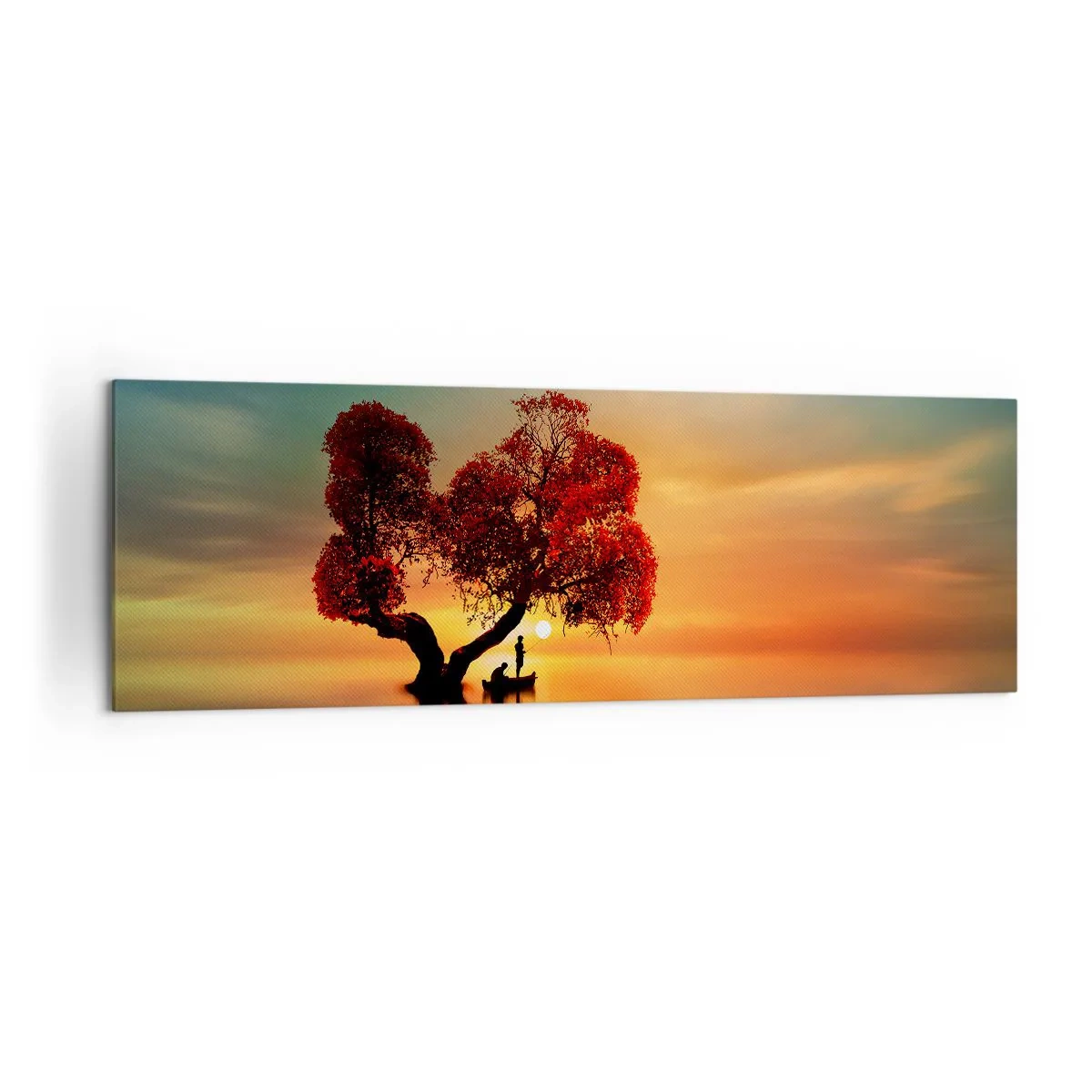 Bild auf Leinwand - Leinwandbild - Ein rotblättriger Baum und ein Boot auf dem Wasser bei Sonnenuntergang - 160x50cm - Oddaysons und die Stille der Weltlosen - Moderne Wanddekoration für Wohnzimmer und Schlafzimmer ARTTOR