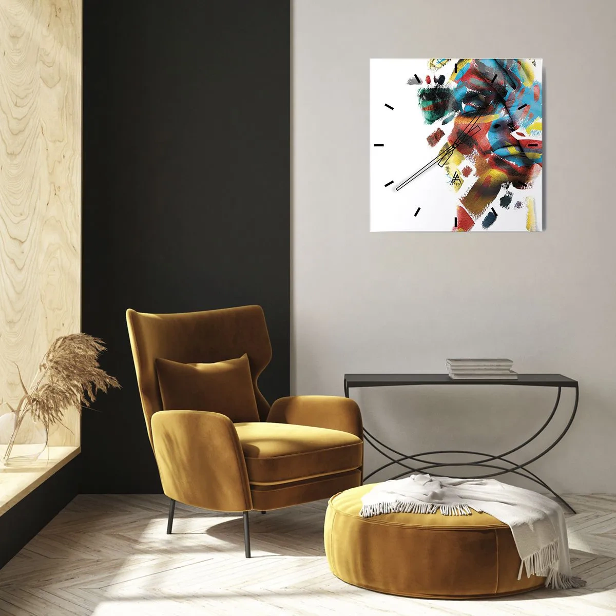 Wanduhr - Glasuhr - Abstraktes Porträt in lebendigen Farben - 30x30cm - Eine bunte Persönlichkeit - Moderne Wanddekoration für Wohnzimmer und Schlafzimmer ARTTOR