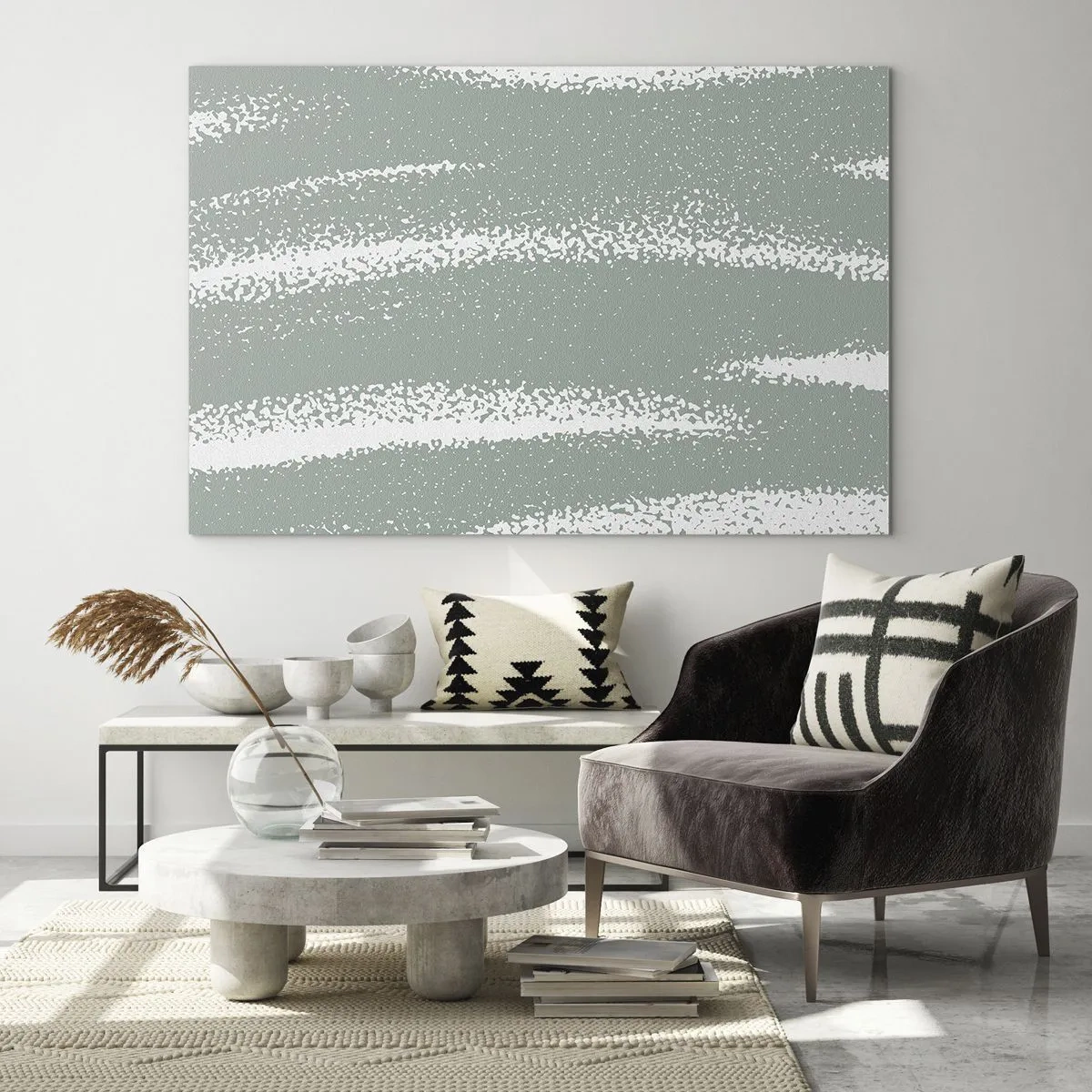 Glasbild - Bild auf glas - Weiße Streifen auf kühlem Grün - 100x70cm - Abstraktion im Winterklima - Moderne Wanddekoration für Wohnzimmer und Schlafzimmer ARTTOR