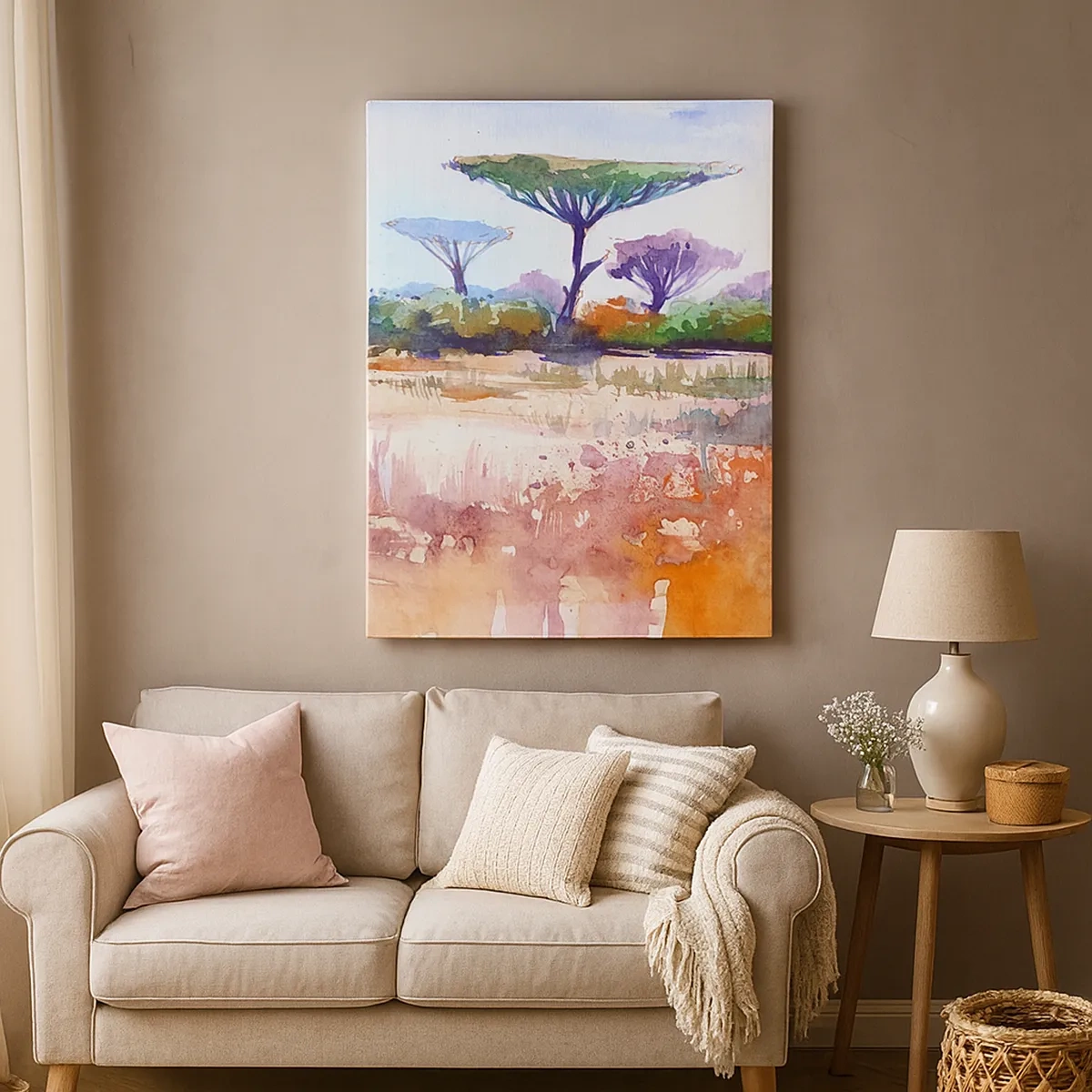 Bild auf Leinwand - Leinwandbild - Eine malerische Savannenlandschaft in Aquarellfarben - 50x70cm - Savannah-Farben - Moderne Wanddekoration für Wohnzimmer und Schlafzimmer ARTTOR