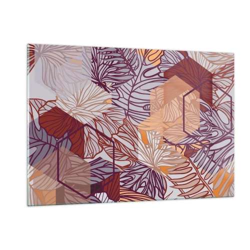 Glasbild - Bild auf glas - Grafische Blätter vor einem Hintergrund aus geometrischen Formen - 120x80cm - Unmögliche Beziehung zwischen Geometrie und Natur - Moderne Wanddekoration für Wohnzimmer und Schlafzimmer ARTTOR