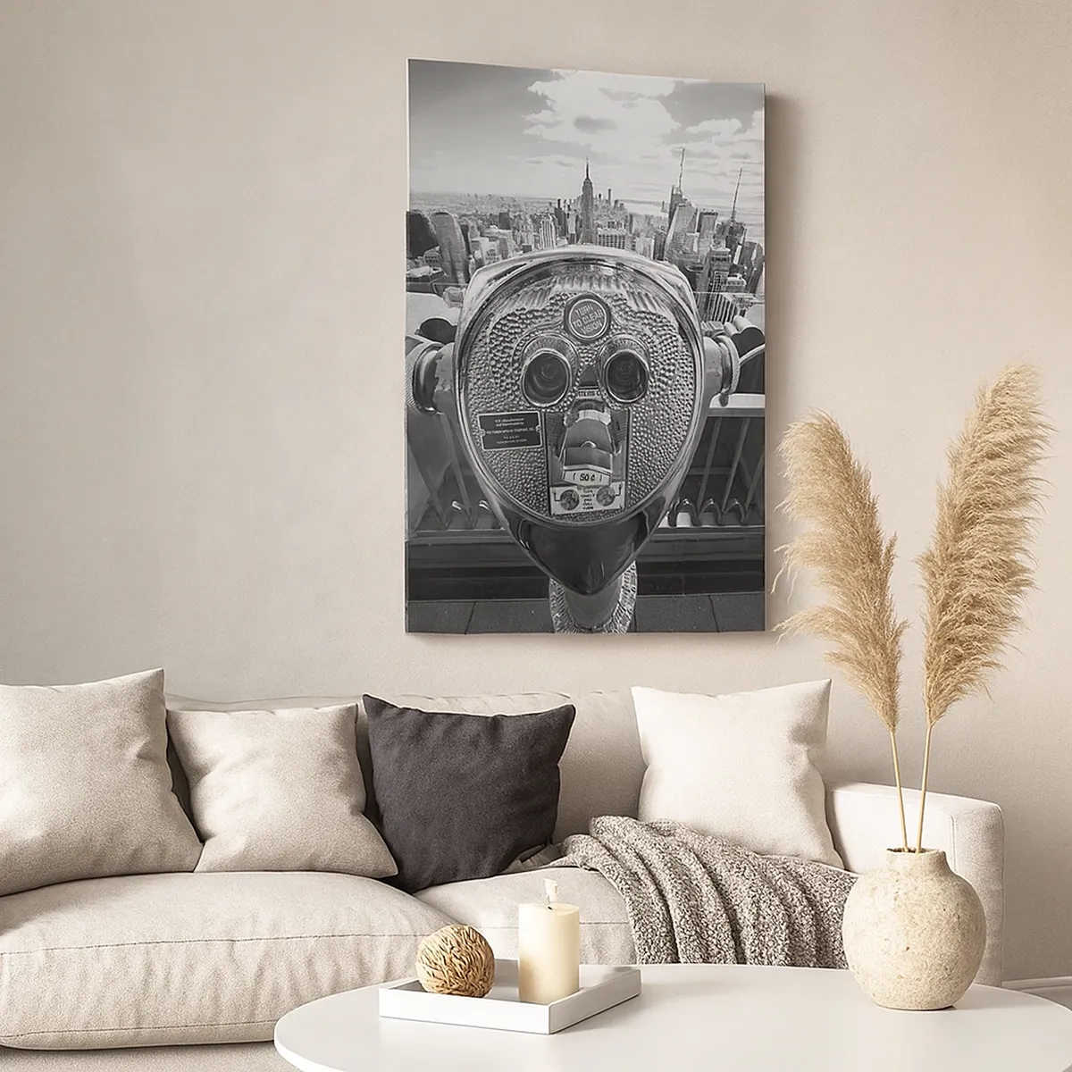 Bild auf Leinwand - Leinwandbild - Monochromer Blick durch das Teleskop auf das Stadtpanorama - 50x70cm - Stadt über den Städten - Moderne Wanddekoration für Wohnzimmer und Schlafzimmer ARTTOR