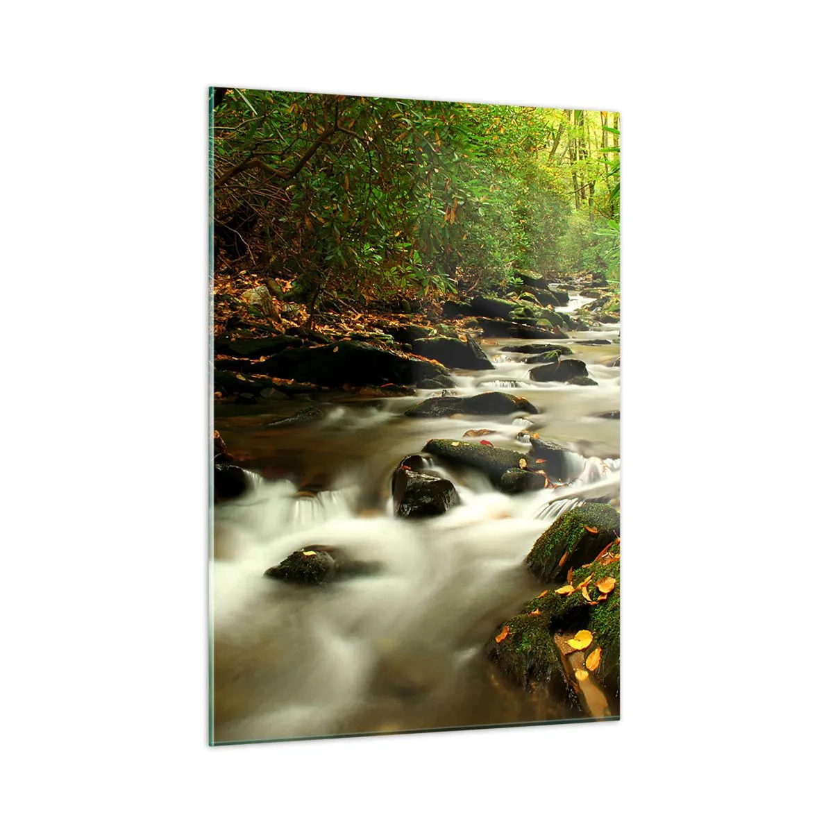 Glasbild - Bild auf glas - Ein Bach im Wald, umgeben von Steinen und Blättern - 50x70cm - Wie flüssiges Silber - Moderne Wanddekoration für Wohnzimmer und Schlafzimmer ARTTOR