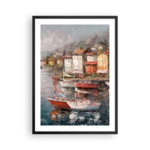 Poster in einem schwarzem Rahmen - Ein malerischer Hafen mit Segelbooten im impressionistischen Stil - 50x70cm - Romantische Oase - Moderne Wanddekoration für Wohnzimmer und Schlafzimmer ARTTOR