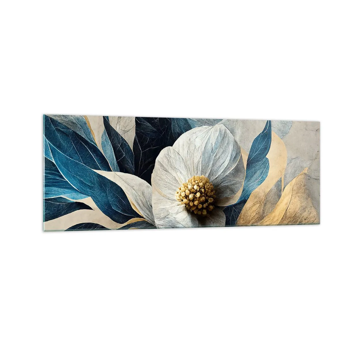 Glasbild - Bild auf glas - Eine Blume mit blauen Blättern auf einem eleganten Hintergrund - 140x50cm - Er hat ein Herz aus Gold - Moderne Wanddekoration für Wohnzimmer und Schlafzimmer ARTTOR