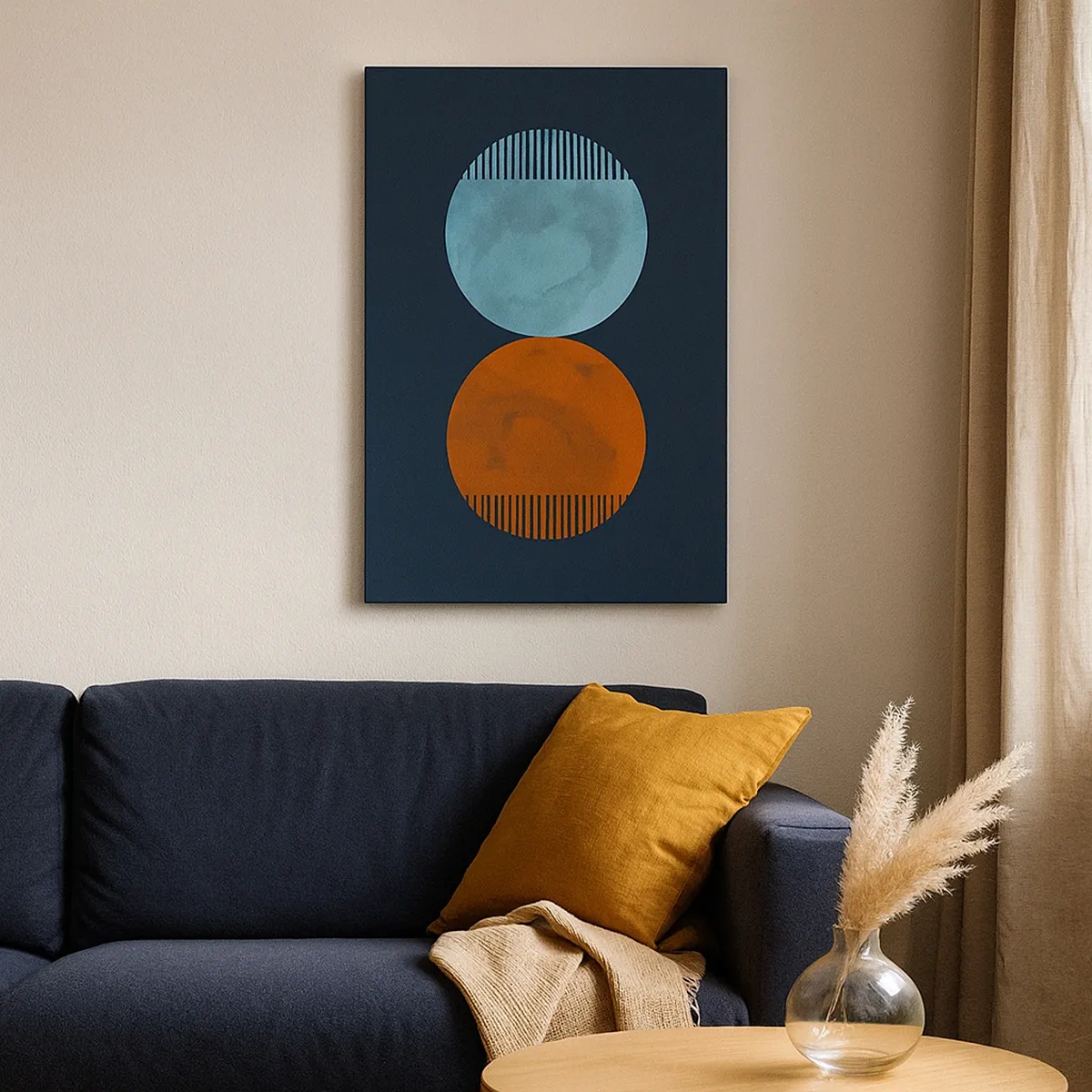 Bild auf Leinwand - Leinwandbild - Minimalistisches Zweirad-Design in Blau und Orange - 50x70cm - Nur Geometrie? - Moderne Wanddekoration für Wohnzimmer und Schlafzimmer ARTTOR