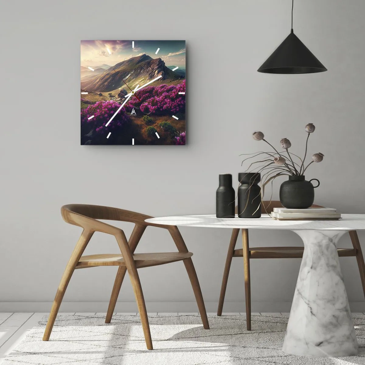 Wanduhr - Glasuhr - Berglandschaft mit blühenden Rhododendren - 30x30cm - Sommer in den Bergen - Moderne Wanddekoration für Wohnzimmer und Schlafzimmer ARTTOR