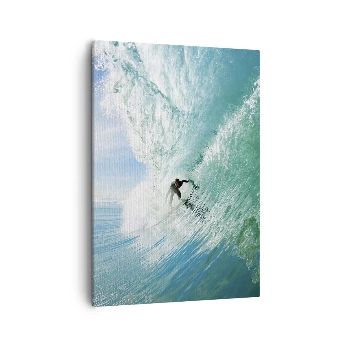 Bild auf Leinwand - Leinwandbild - Ein Surfer reitet eine Welle im Sonnenlicht vor blauem Himmel - 50x70cm - Immer Top - Moderne Wanddekoration für Wohnzimmer und Schlafzimmer ARTTOR