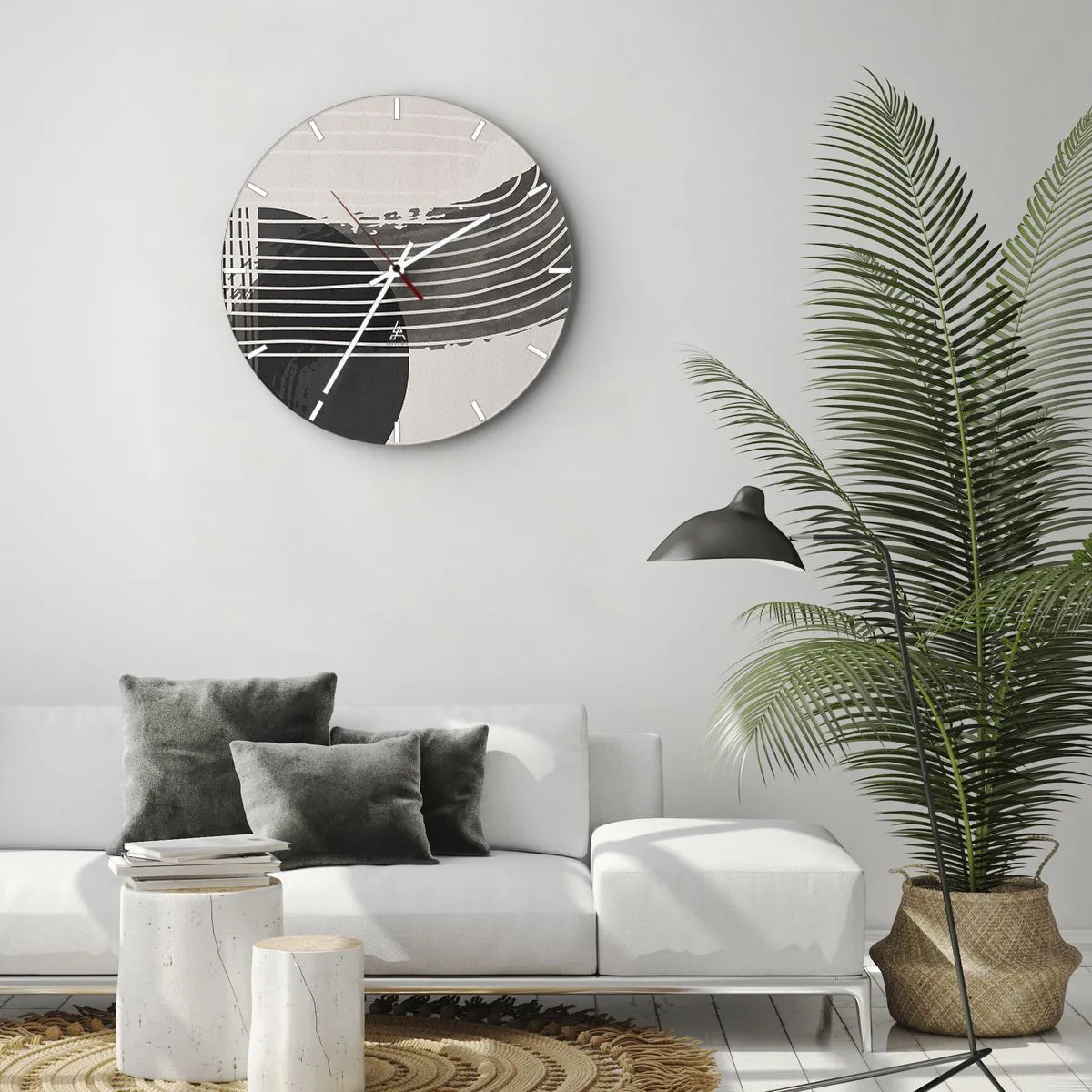 Wanduhr - Glasuhr - Geometrische Komposition mit Linien und Halbkreisen in Grautönen. - 30x30cm - Hin und zurück - Moderne Wanddekoration für Wohnzimmer, Küche und Schlafzimmer ARTTOR