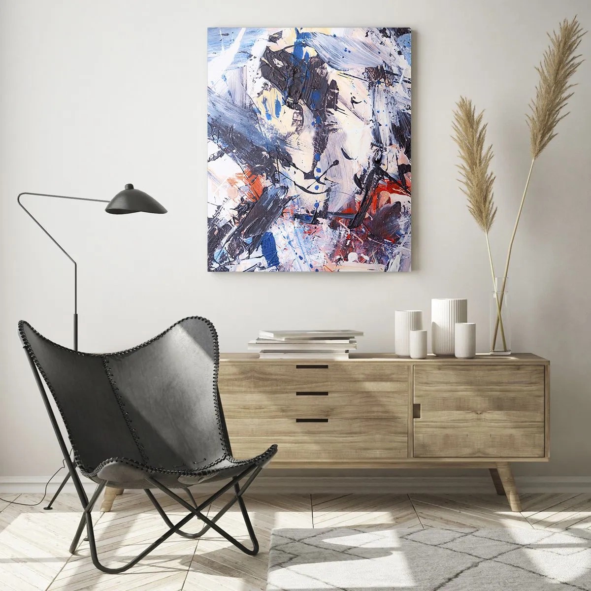 Glasbild - Bild auf glas - Abstraktion mit dynamischen Pinselstrichen in Blau und Rot. - 70x100cm - Verrückter Tanz der Abstraktion - Moderne Wanddekoration für Wohnzimmer und Schlafzimmer ARTTOR