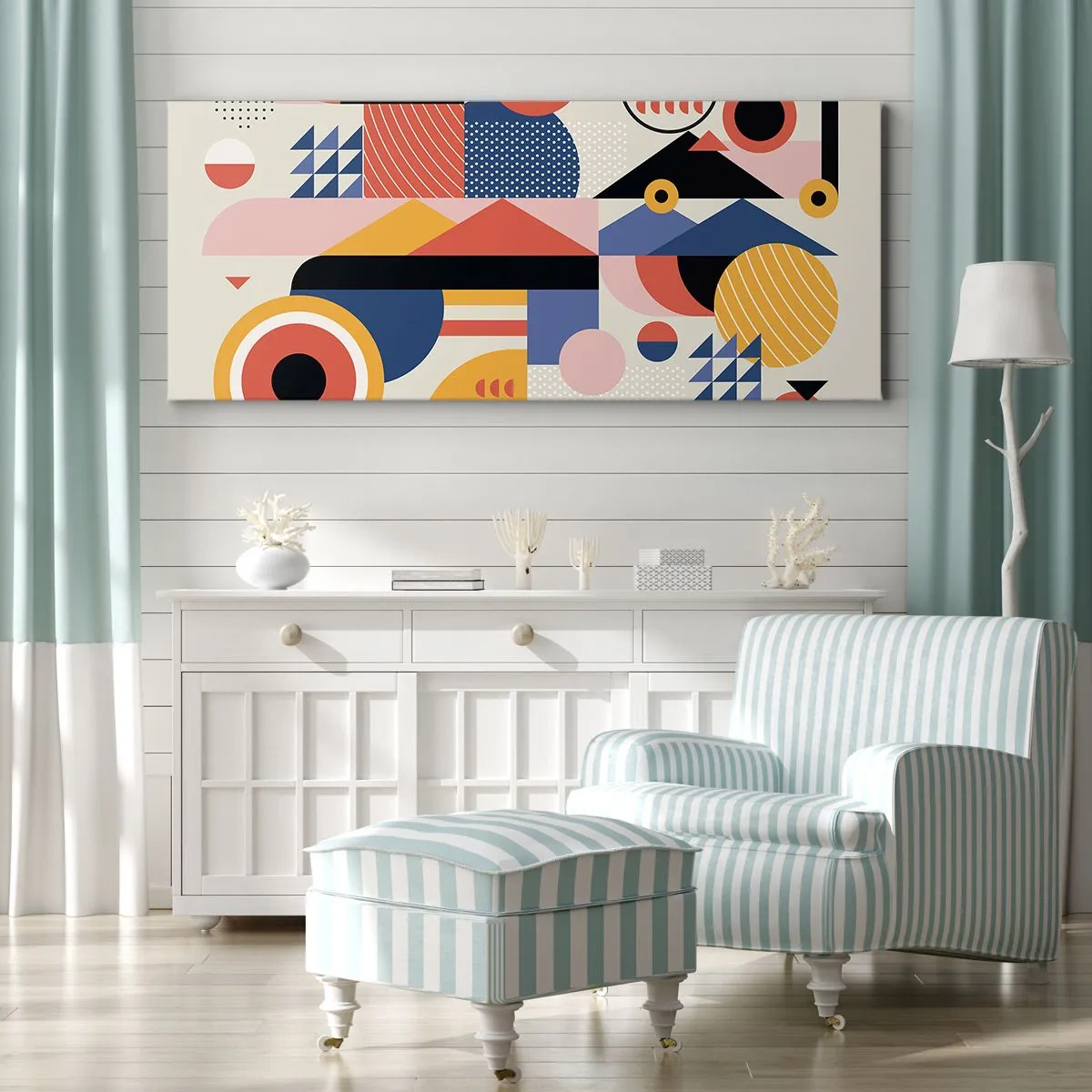 Bild auf Leinwand - Leinwandbild - Bunte geometrische Formen im Retro-Stil - 160x50cm - Komposition: Na, los, spiel! - Moderne Wanddekoration für Wohnzimmer und Schlafzimmer ARTTOR