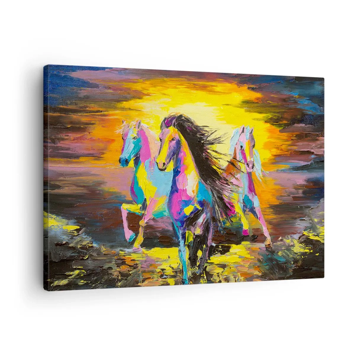 Bild auf Leinwand - Leinwandbild - Bunte Pferde galoppieren vor dem Hintergrund der untergehenden Sonne - 70x50cm - Eingetaucht in den Regenbogen - Moderne Wanddekoration für Wohnzimmer und Schlafzimmer ARTTOR