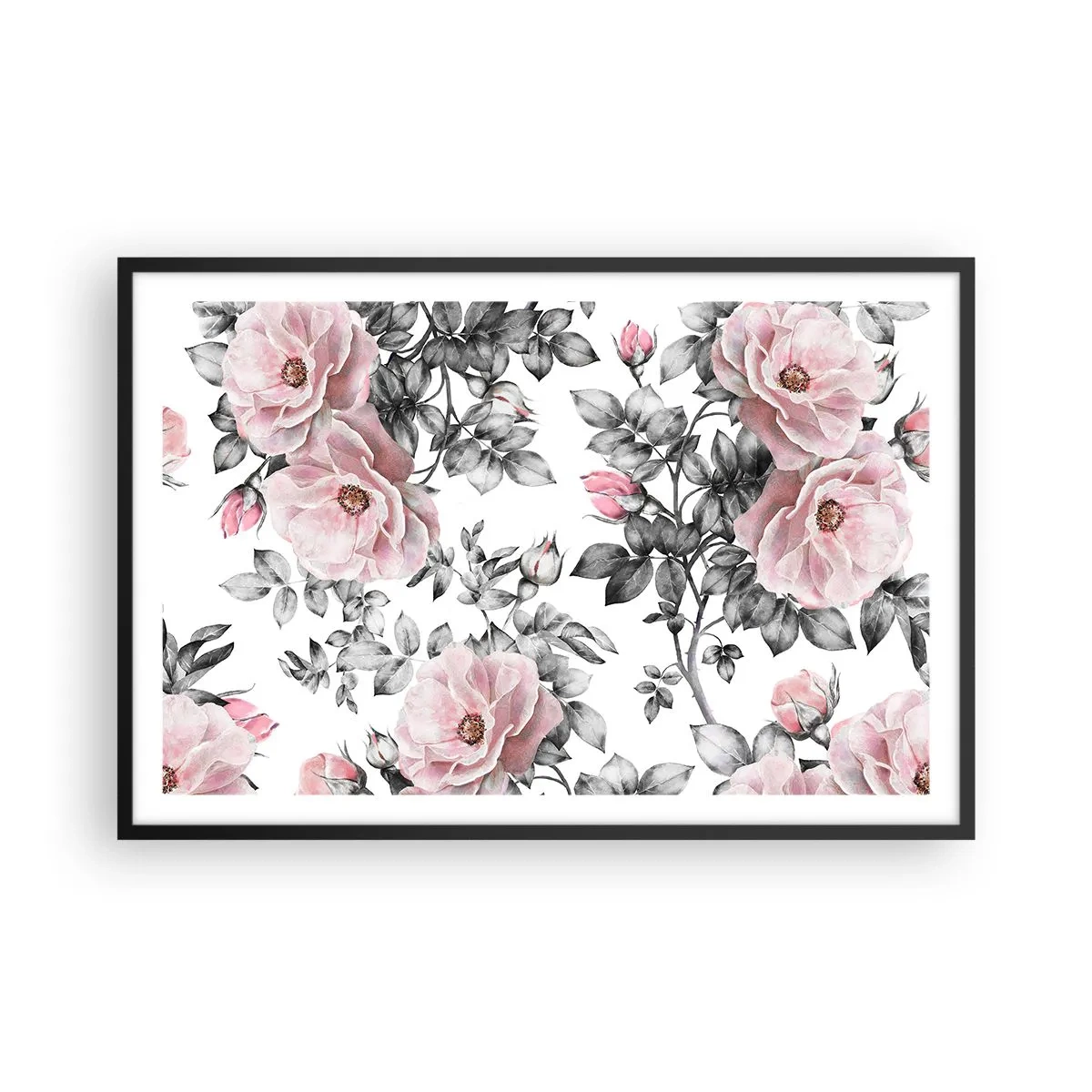 Poster in einem schwarzem Rahmen - Verliere dich in den Blüten der Rosen - 91x61 cm