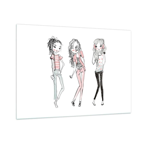 Glasbild - Bild auf glas - Drei stylische Mädchen in Pastellfarben - 100x70cm - Es wird, es wird Spaß machen - Moderne Wanddekoration für Wohnzimmer und Schlafzimmer ARTTOR