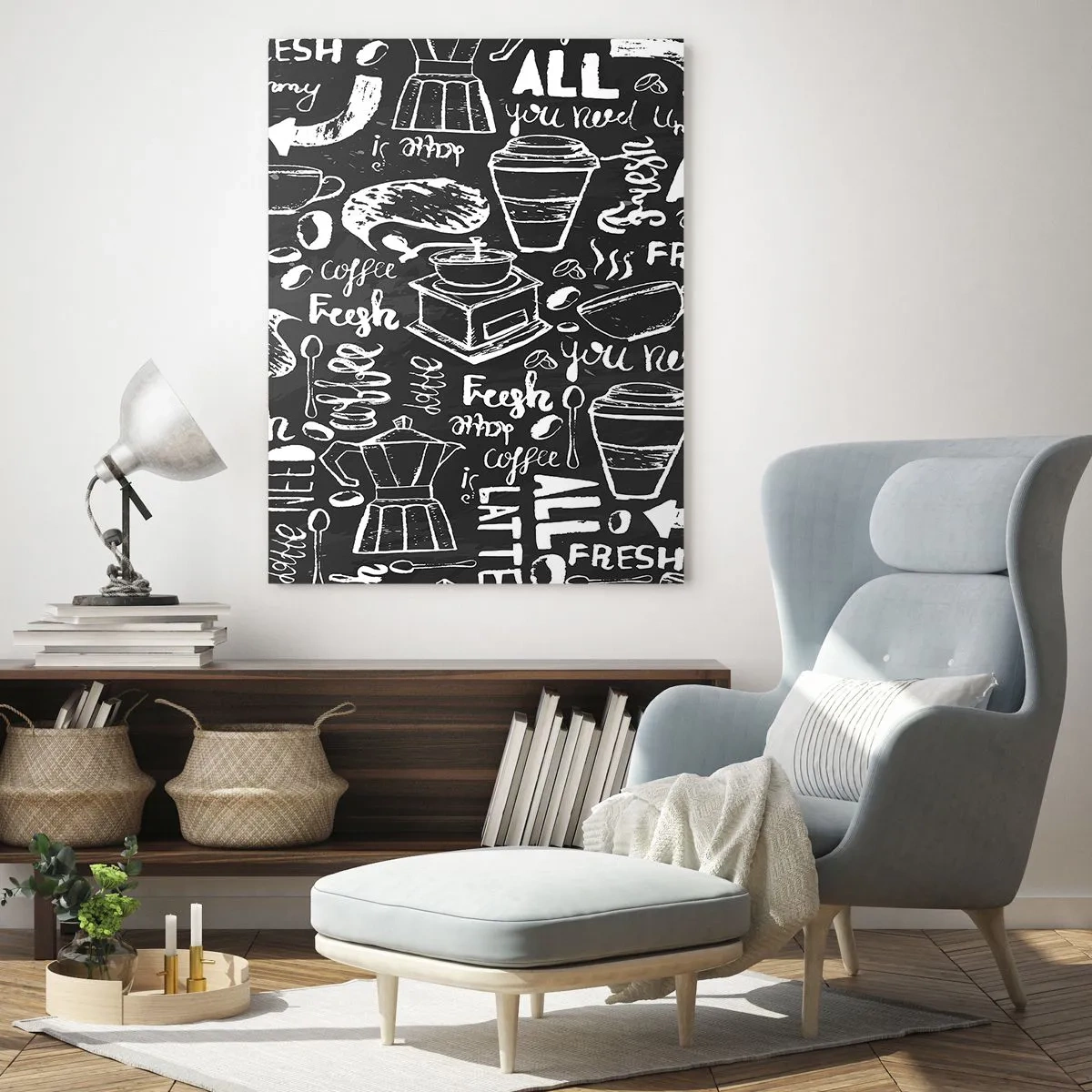 Glasbild - Bild auf glas - Kaffeegrafiken und Schriftzüge auf schwarzem Hintergrund im Retro-Stil - 50x70cm - Alles was Sie brauchen ist… - Moderne Wanddekoration für Wohnzimmer und Schlafzimmer ARTTOR