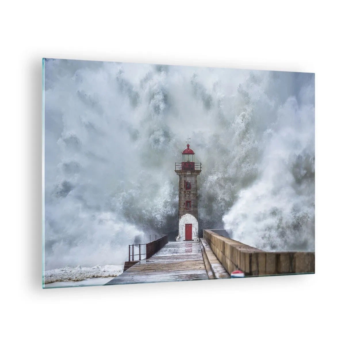 Glasbild - Bild auf glas - Ein Leuchtturm wird von einer starken Welle getroffen. - 70x50cm - Das Rauschen des Wassers, der Lärm wird wehen - Moderne Wanddekoration für Wohnzimmer und Schlafzimmer ARTTOR