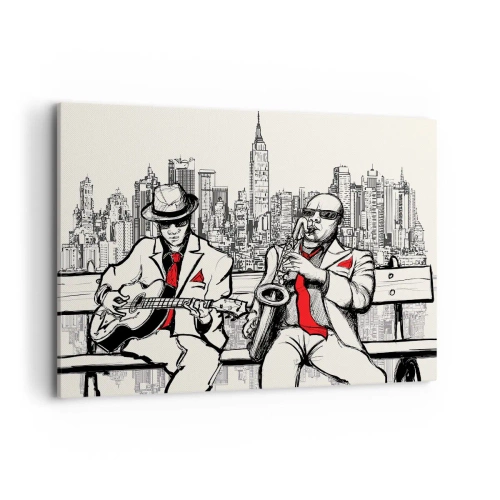 Bild auf Leinwand - Leinwandbild - Ein Jazzduo mit Saxophon und Gitarre vor der Kulisse der Stadt - 100x70cm - New Yorker Improvisation - Moderne Wanddekoration für Wohnzimmer und Schlafzimmer ARTTOR