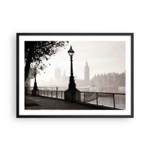 Poster in einem schwarzem Rahmen - Eine monochrome Ansicht von Big Ben und der Themse. - 70x50cm - Londoner Morgen - Moderne Wanddekoration für Wohnzimmer und Schlafzimmer ARTTOR