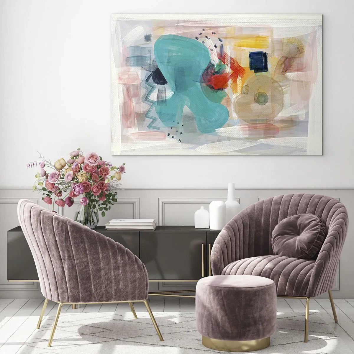 Glasbild - Bild auf glas - Eine farbenfrohe Abstraktion mit Spritzern in Türkis, Rot und Beige. - 70x50cm - Buntes Spiel - Moderne Wanddekoration für Wohnzimmer und Schlafzimmer ARTTOR
